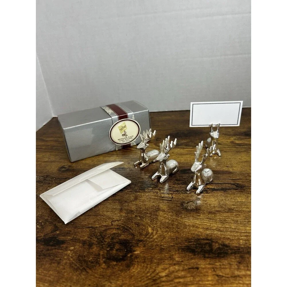 VTG Silver Plated Reindeer Place Card Holders Set of 4 with Blank Placecards
